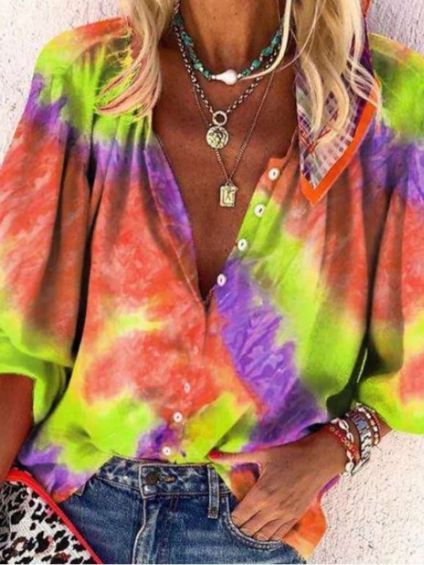 Women's Blouse Shirt Tie Dye Shirt Collar Tops Fuchsia Green Orange #8070368