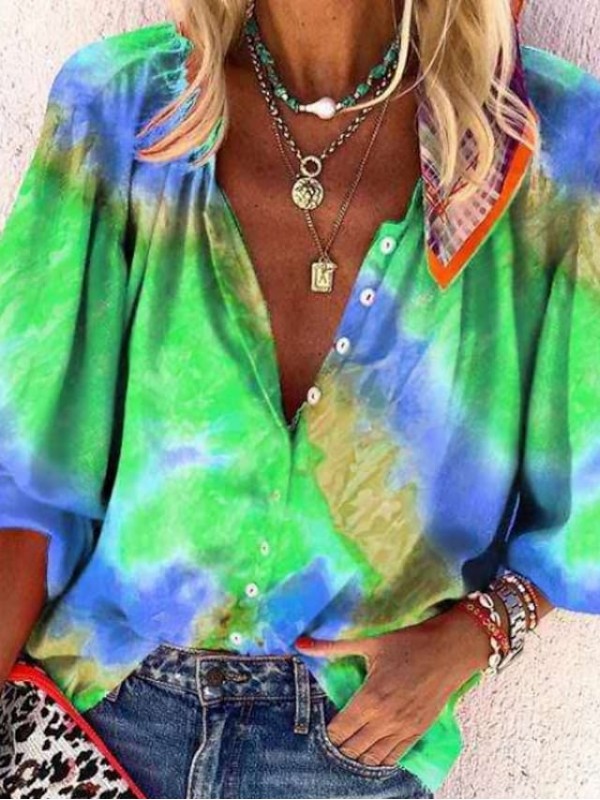 Women's Blouse Shirt Tie Dye Shirt Collar Tops Fuchsia Green Orange #8070368