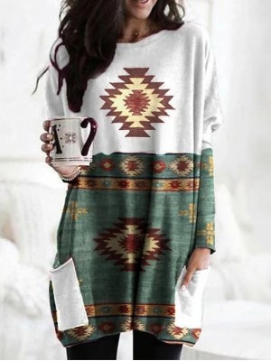 Women's Shift Dress Short Mini Dress Green Red Long Sleeve Geometric Print Fall Winter Round Neck Elegant Loose 2022 S M L XL XXL #8841087