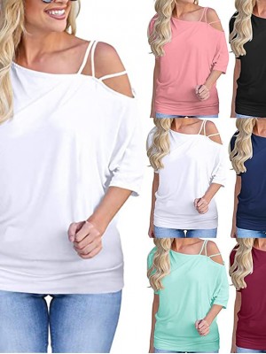 Women's T shirt Plain Cold Shoulder One Shoulder Basic Tops Green Blue White #8997673