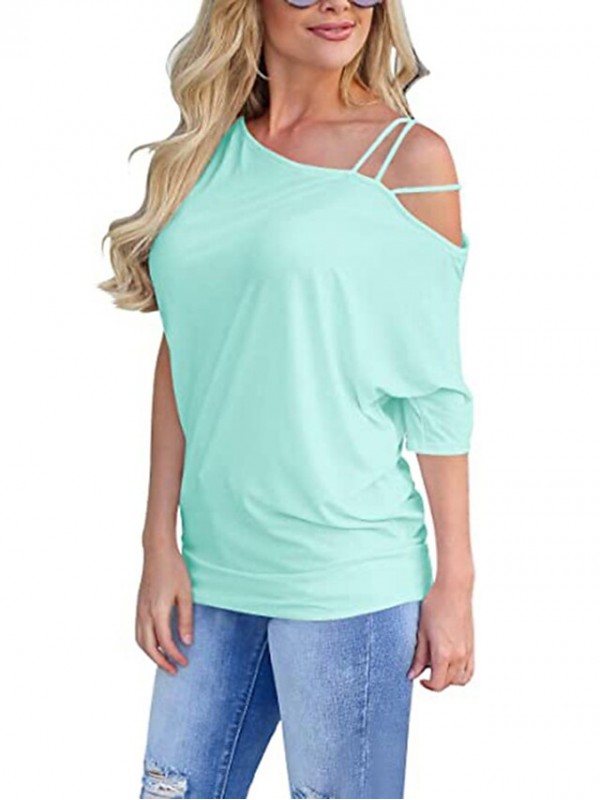 Women's T shirt Plain Cold Shoulder One Shoulder Basic Tops Green Blue White #8997673