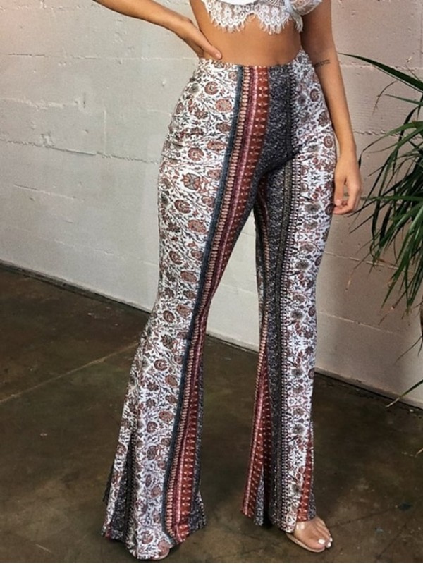 Women's Basic 1980s Flare Chinos Bell Bottom  Flare Palazzo Pants Trousers Ethnic Boho Print Slim Blue Wine S M L XL #8031053