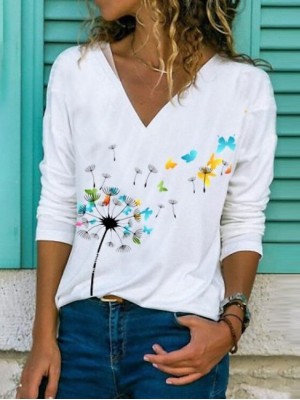 Women's T shirt Floral Butterfly Flower Long Sleeve Print V Neck Basic Tops Blue Gray White #8193482