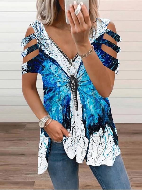 Women's Butterfly Blouse Eyelet top Shirt Butterfly Animal Cut Out Zipper Print V Neck Basic Streetwear Tops Gray Royal Blue Light Blue #8687816