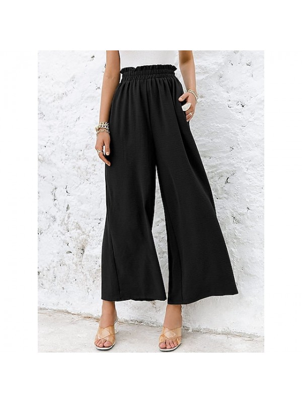 Women's Fashion Culottes Wide Leg Chinos Wide Leg Side Pockets Elastic Waist Ankle-Length Pants Casual Weekend Micro-elastic Plain Comfort Mid Waist Green Blue White Black Gray S M L XL XXL #9027632