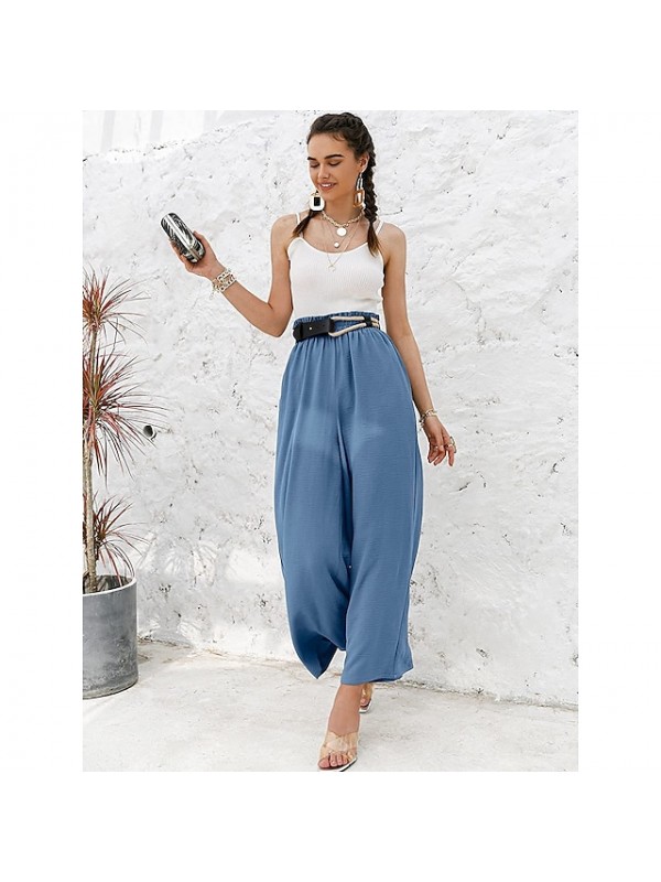 Women's Fashion Culottes Wide Leg Chinos Wide Leg Side Pockets Elastic Waist Ankle-Length Pants Casual Weekend Micro-elastic Plain Comfort Mid Waist Green Blue White Black Gray S M L XL XXL #9027632