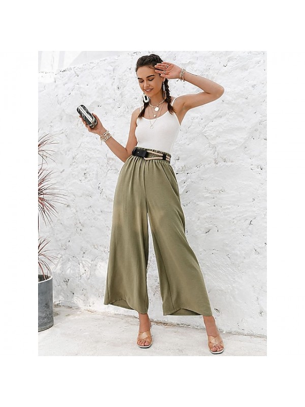 Women's Fashion Culottes Wide Leg Chinos Wide Leg Side Pockets Elastic Waist Ankle-Length Pants Casual Weekend Micro-elastic Plain Comfort Mid Waist Green Blue White Black Gray S M L XL XXL #9027632