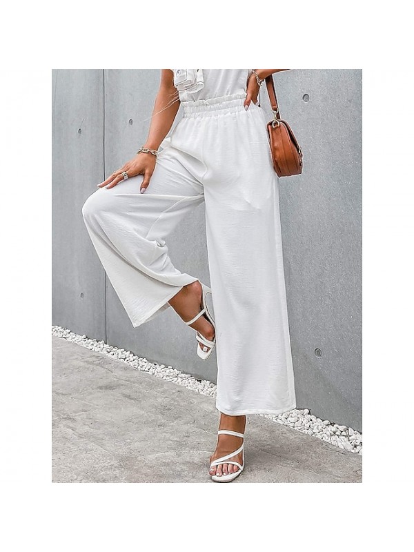 Women's Fashion Culottes Wide Leg Chinos Wide Leg Side Pockets Elastic Waist Ankle-Length Pants Casual Weekend Micro-elastic Plain Comfort Mid Waist Green Blue White Black Gray S M L XL XXL #9027632