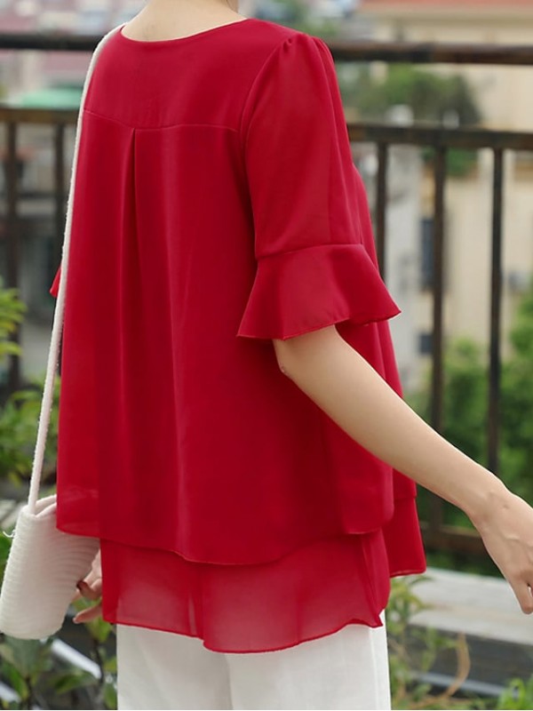 Women's Blouse Shirt Solid Colored Layered Ruffle Round Neck Business Basic Tops Loose Blushing Pink Black Red #8200593