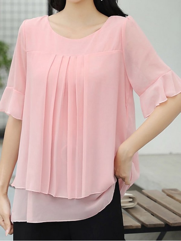 Women's Blouse Shirt Solid Colored Layered Ruffle Round Neck Business Basic Tops Loose Blushing Pink Black Red #8200593