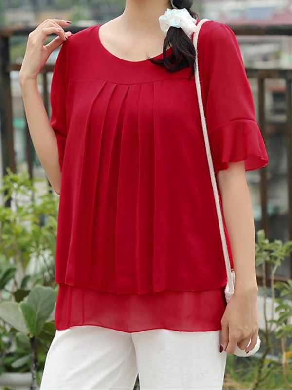 Women's Blouse Shirt Solid Colored Layered Ruffle Round Neck Business Basic Tops Loose Blushing Pink Black Red #8200593