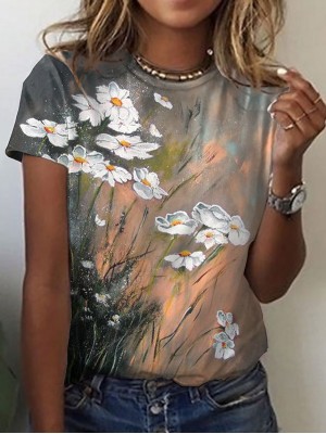 Women's Floral Theme Painting T shirt Floral Print Round Neck Basic Tops Orange / 3D Print #8966648